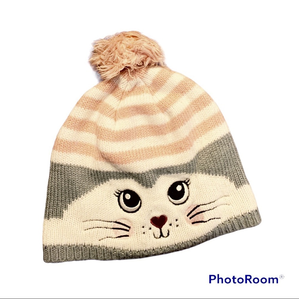 Child’s Pink & Gray Kitten Hat with Pink Pom Pom